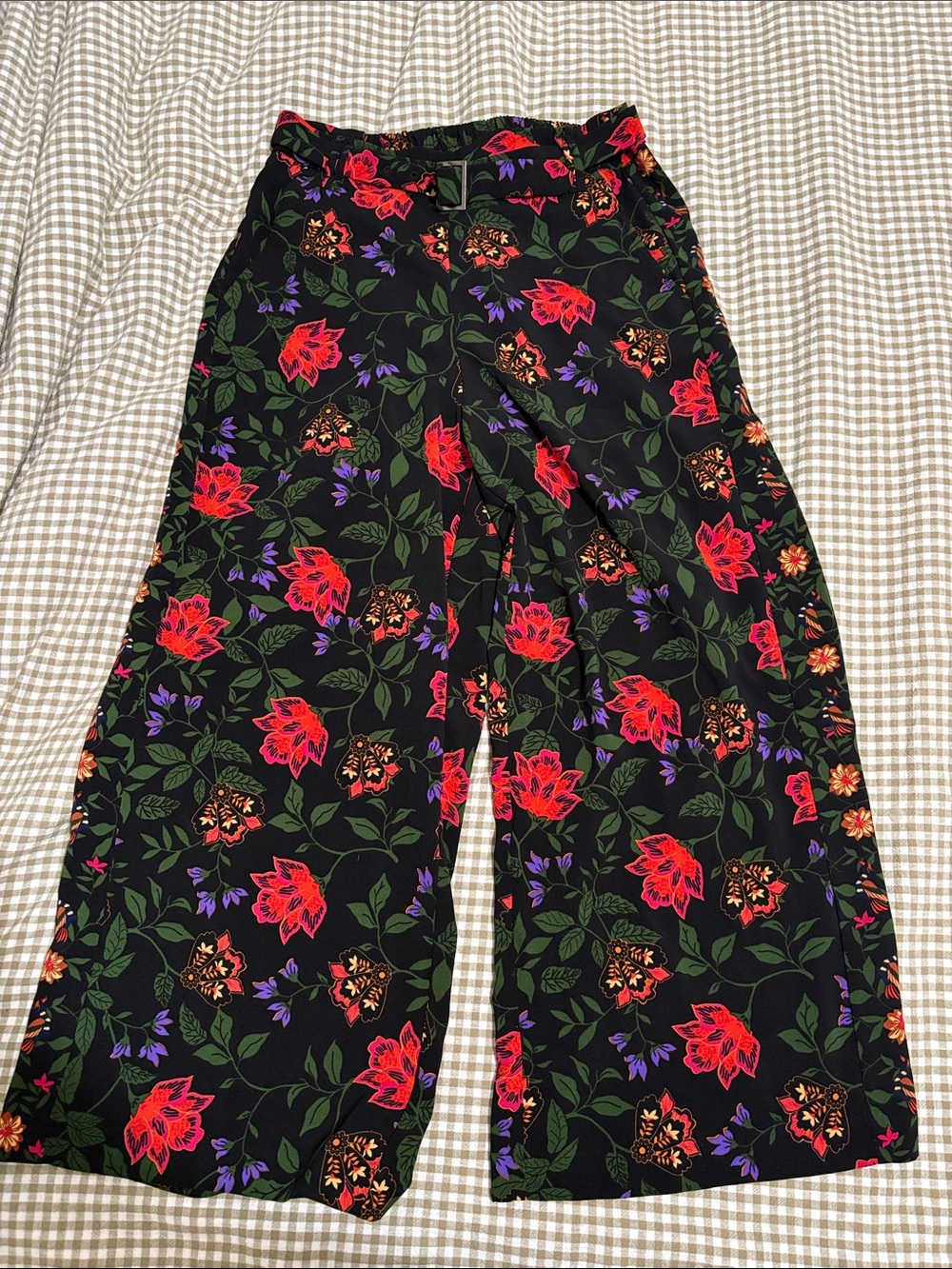 Joie Wide-Leg Floral Pants in Black with Red & Green Print